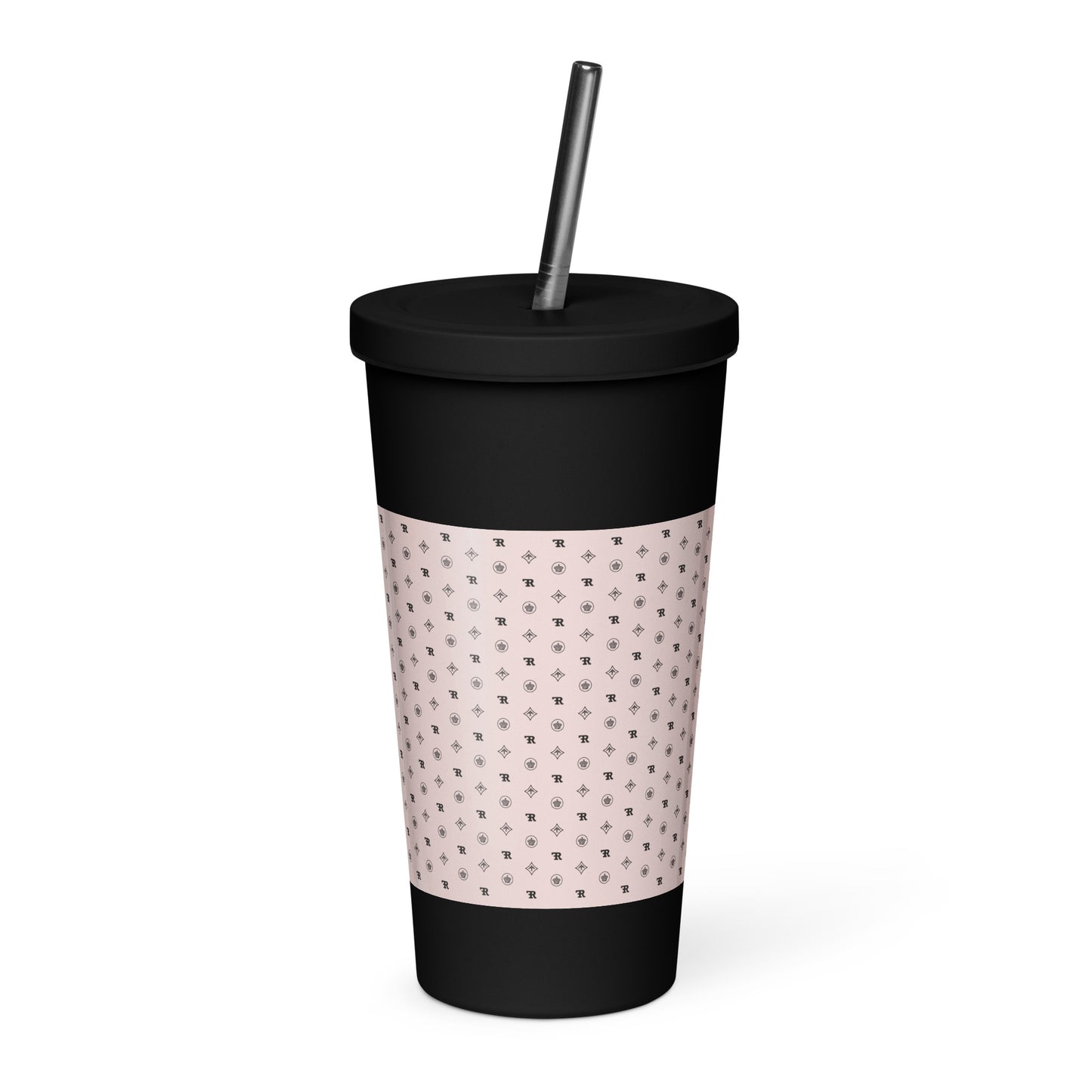 RF Insulated tumbler with a straw „CROWNS & BIRDS“ Misty Rose