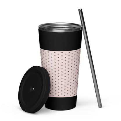 RF Insulated tumbler with a straw „CROWNS & BIRDS“ Misty Rose