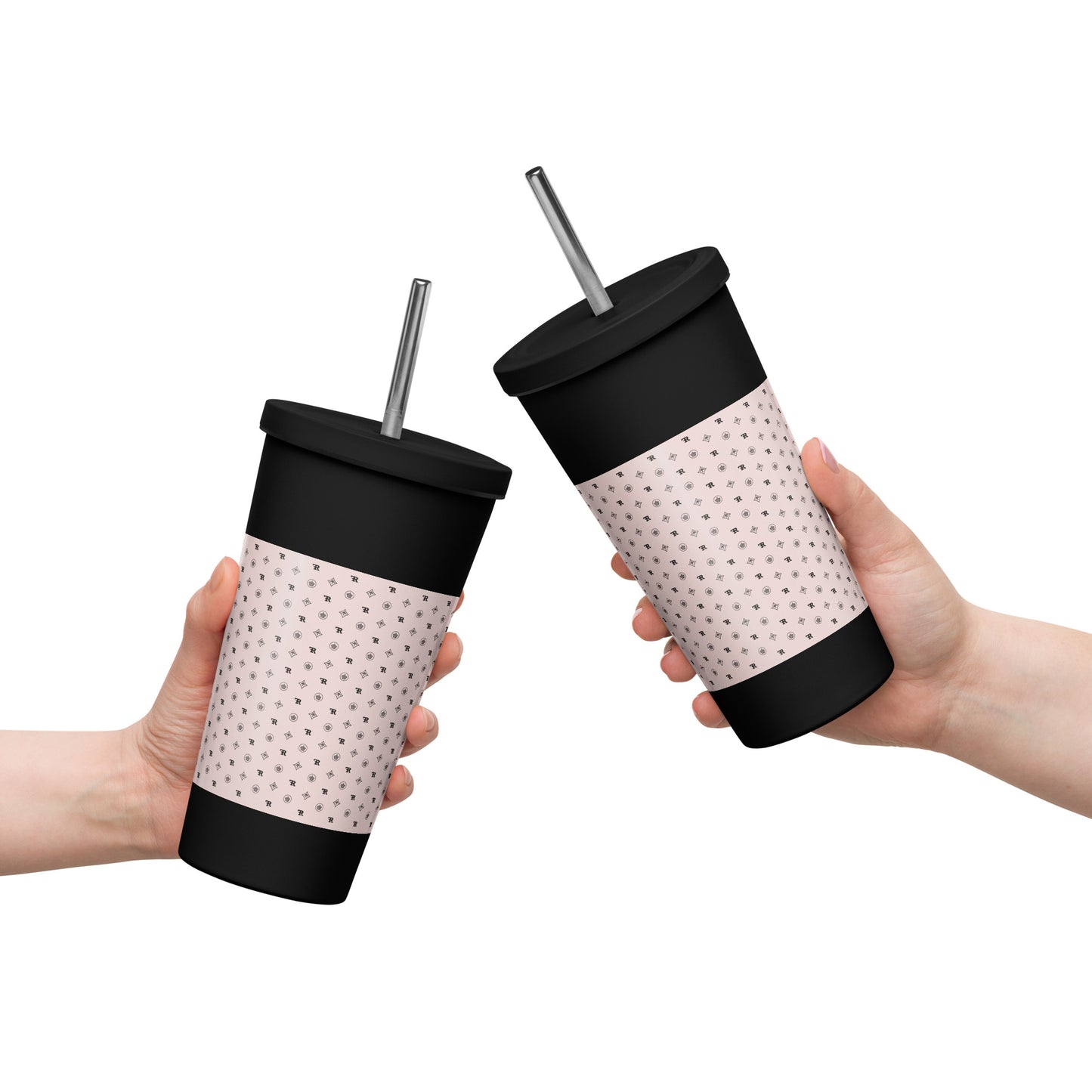 RF Insulated tumbler with a straw „CROWNS & BIRDS“ Misty Rose