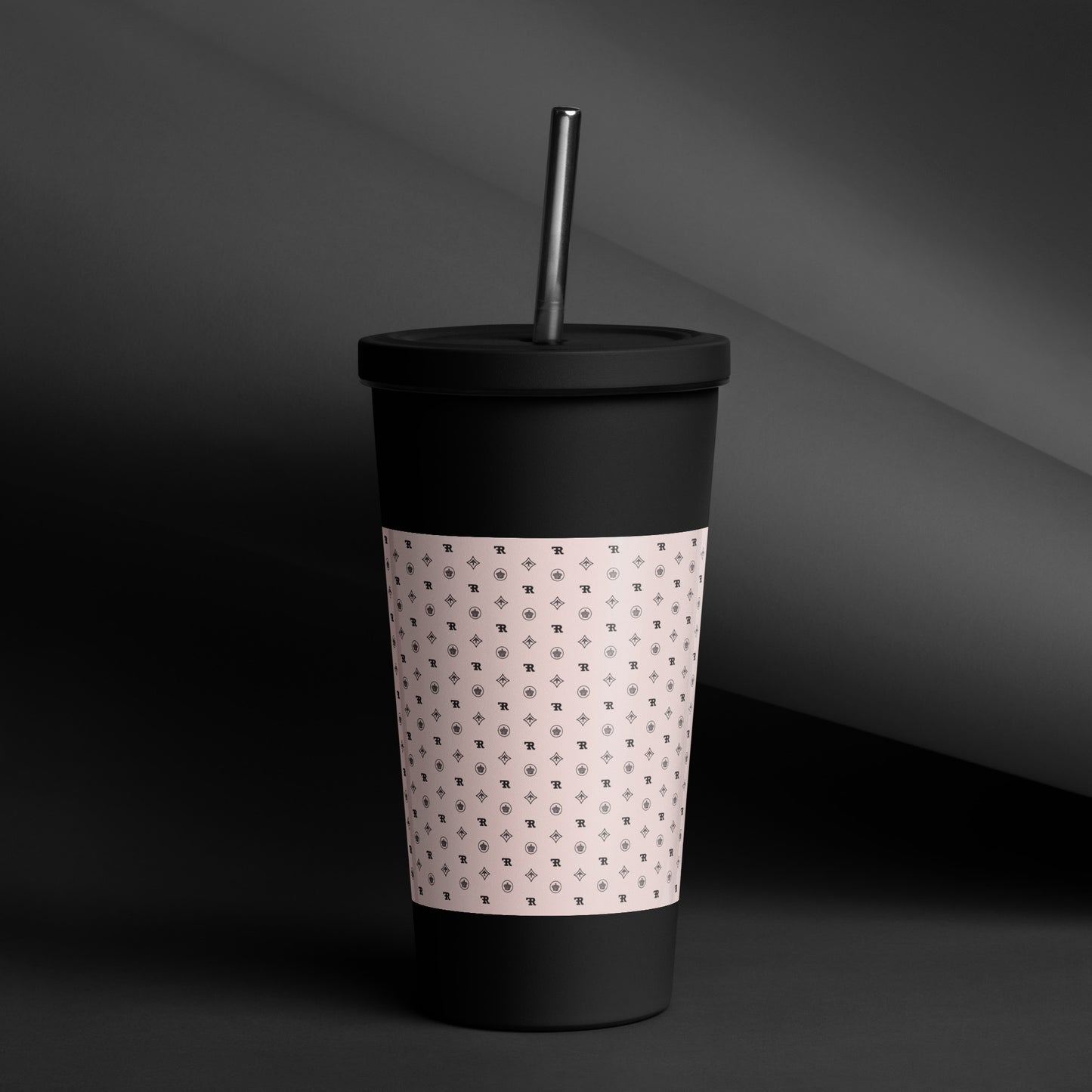 RF Insulated tumbler with a straw „CROWNS & BIRDS“ Misty Rose