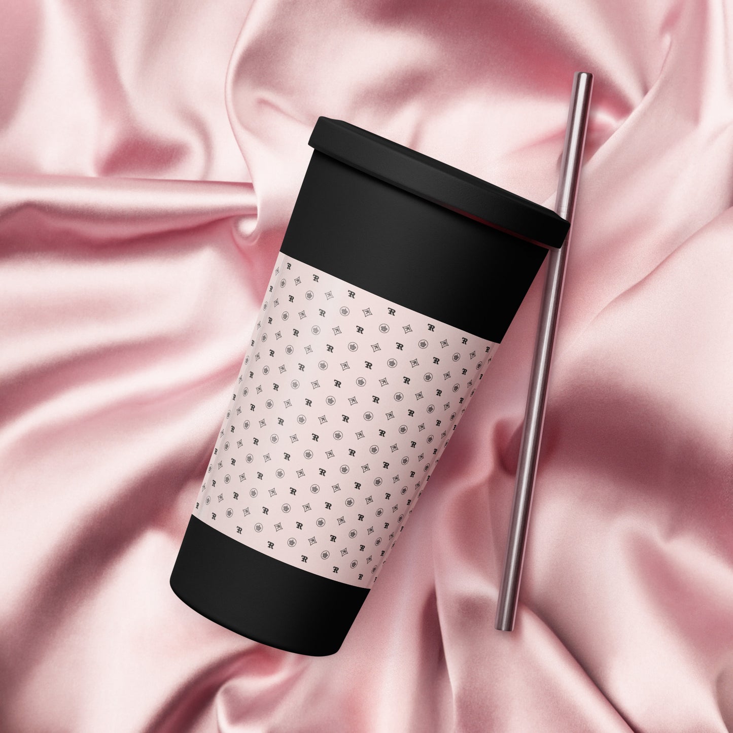 RF Insulated tumbler with a straw „CROWNS & BIRDS“ Misty Rose