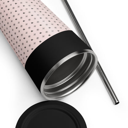 RF Insulated tumbler with a straw „CROWNS & BIRDS“ Misty Rose