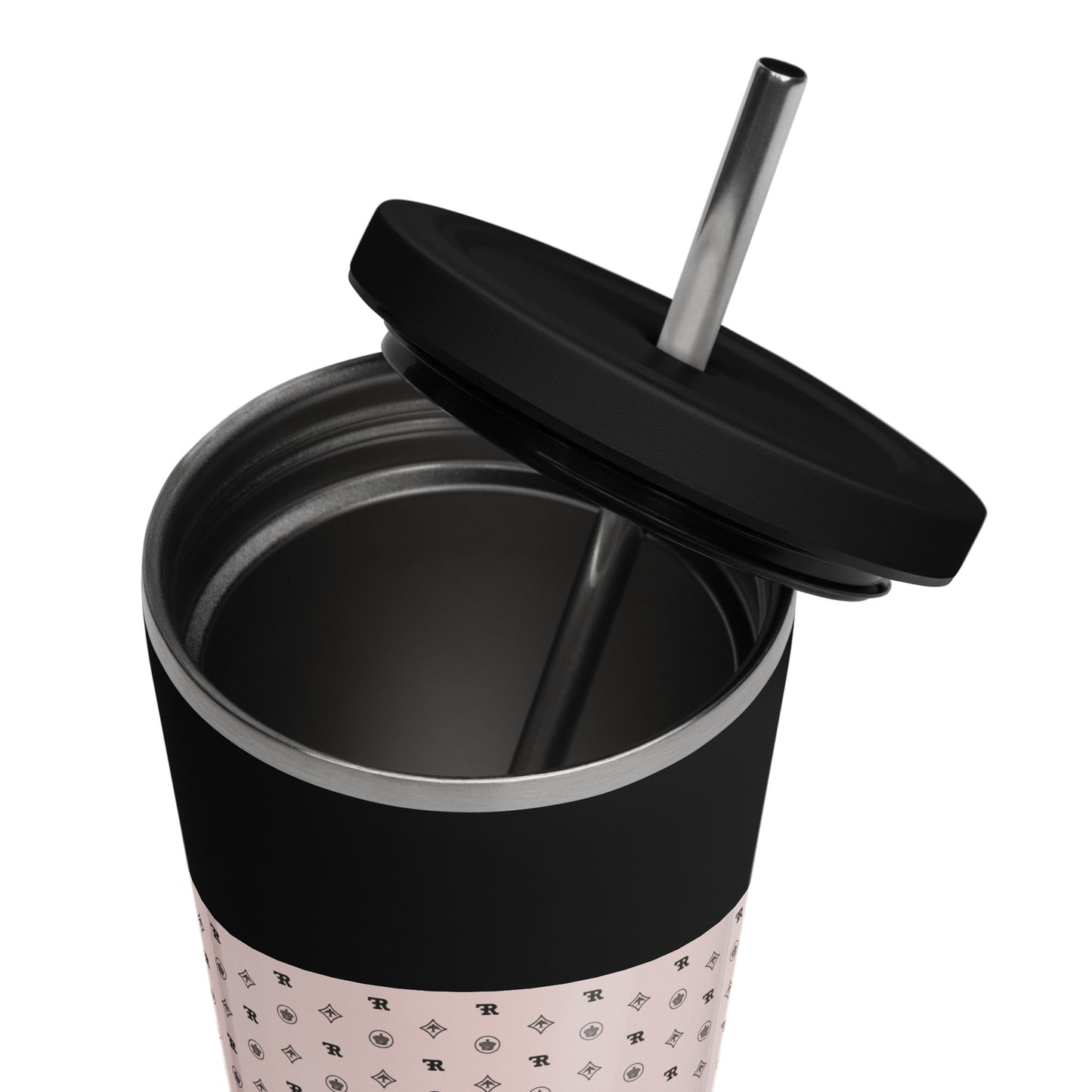 RF Insulated tumbler with a straw „CROWNS & BIRDS“ Misty Rose