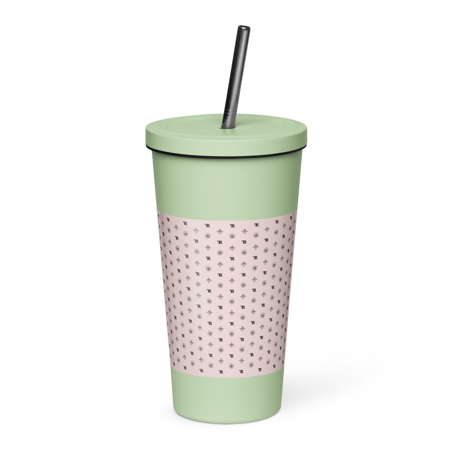 RF Insulated tumbler with a straw „CROWNS & BIRDS“ Misty Rose
