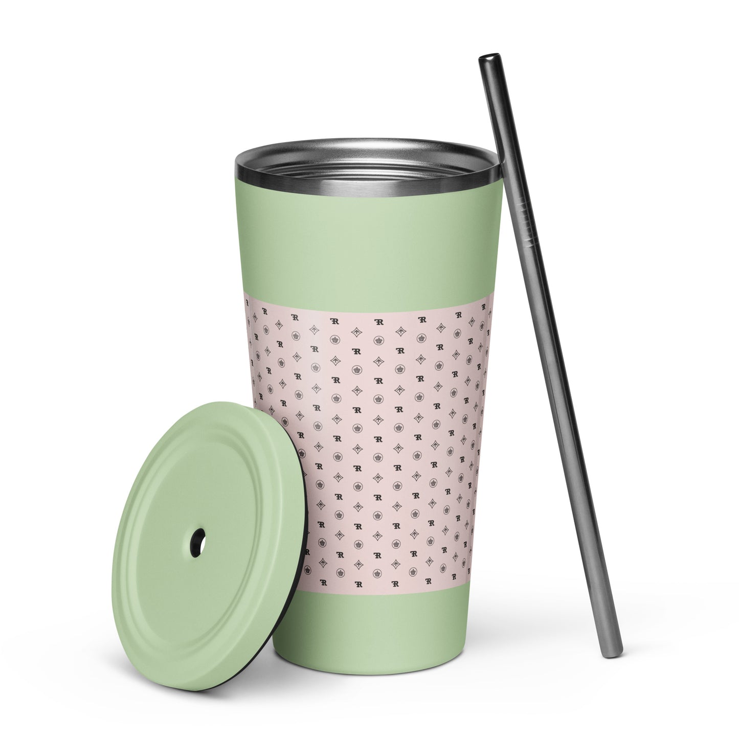 RF Insulated tumbler with a straw „CROWNS & BIRDS“ Misty Rose