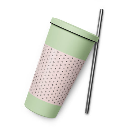 RF Insulated tumbler with a straw „CROWNS & BIRDS“ Misty Rose