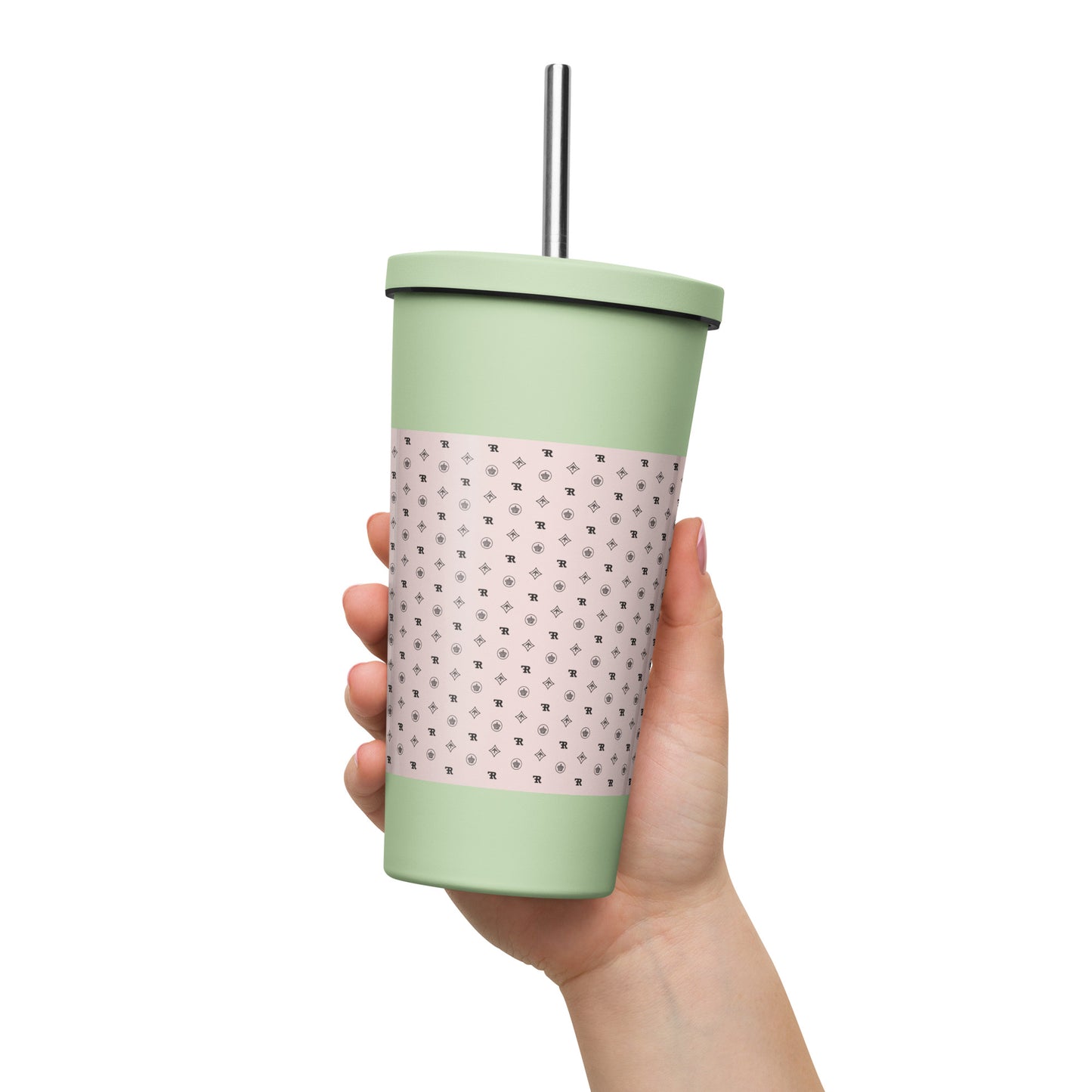 RF Insulated tumbler with a straw „CROWNS & BIRDS“ Misty Rose