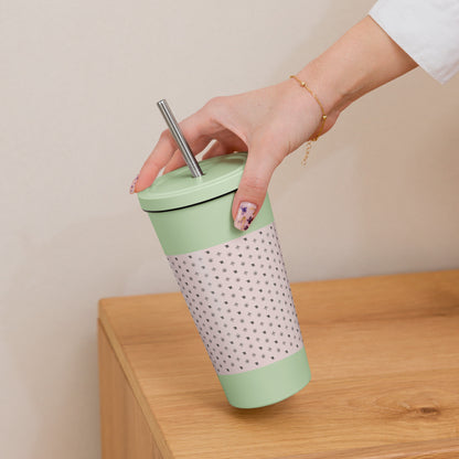 RF Insulated tumbler with a straw „CROWNS & BIRDS“ Misty Rose