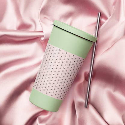 RF Insulated tumbler with a straw „CROWNS & BIRDS“ Misty Rose