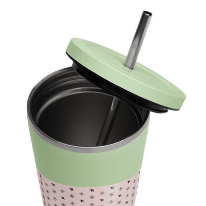 RF Insulated tumbler with a straw „CROWNS & BIRDS“ Misty Rose