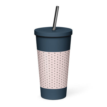RF Insulated tumbler with a straw „CROWNS & BIRDS“ Misty Rose
