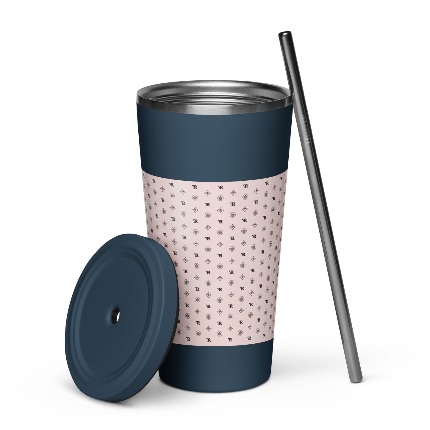 RF Insulated tumbler with a straw „CROWNS & BIRDS“ Misty Rose