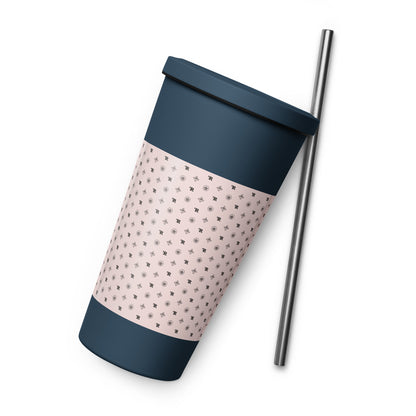 RF Insulated tumbler with a straw „CROWNS & BIRDS“ Misty Rose