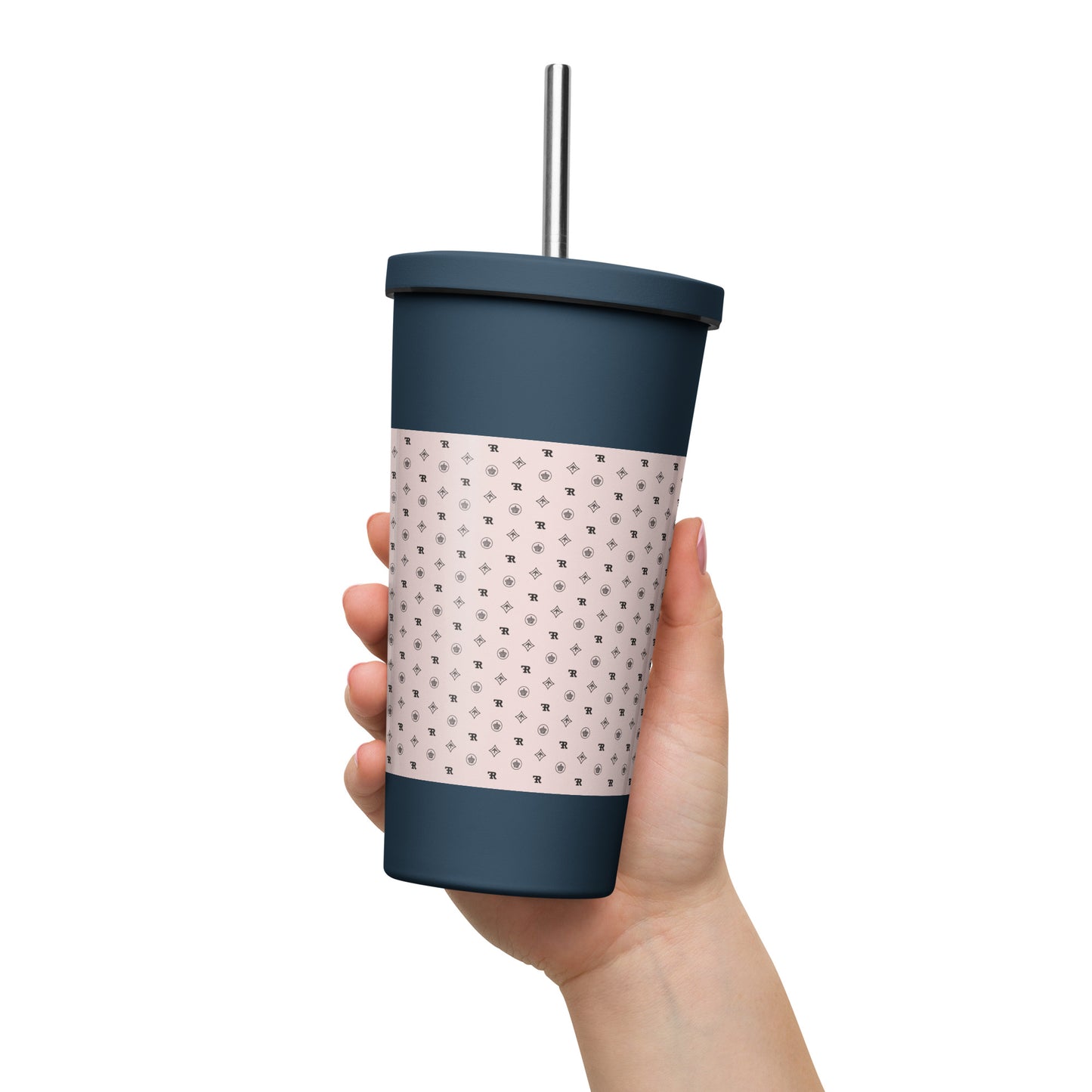 RF Insulated tumbler with a straw „CROWNS & BIRDS“ Misty Rose