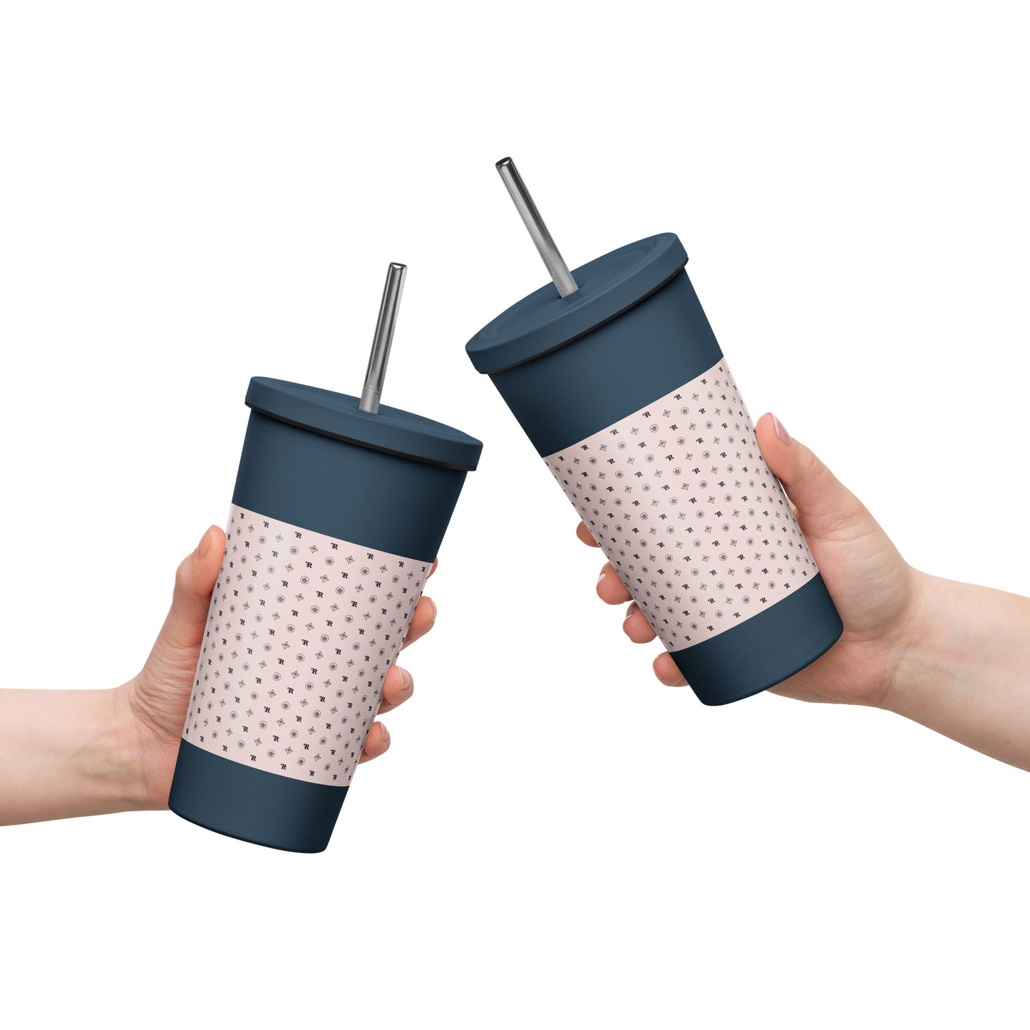 RF Insulated tumbler with a straw „CROWNS & BIRDS“ Misty Rose