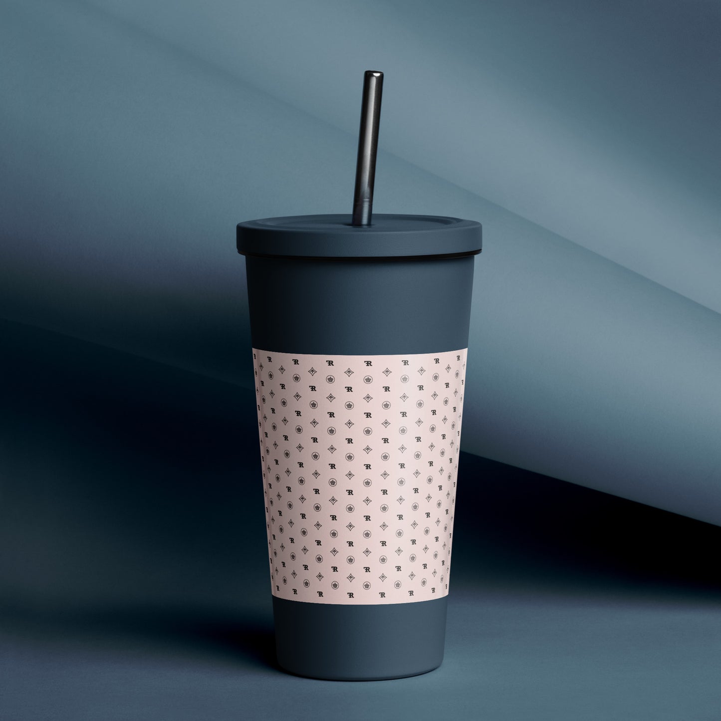 RF Insulated tumbler with a straw „CROWNS & BIRDS“ Misty Rose