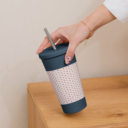 RF Insulated tumbler with a straw „CROWNS & BIRDS“ Misty Rose