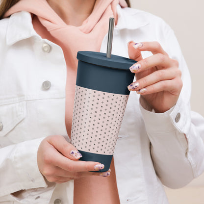 RF Insulated tumbler with a straw „CROWNS & BIRDS“ Misty Rose