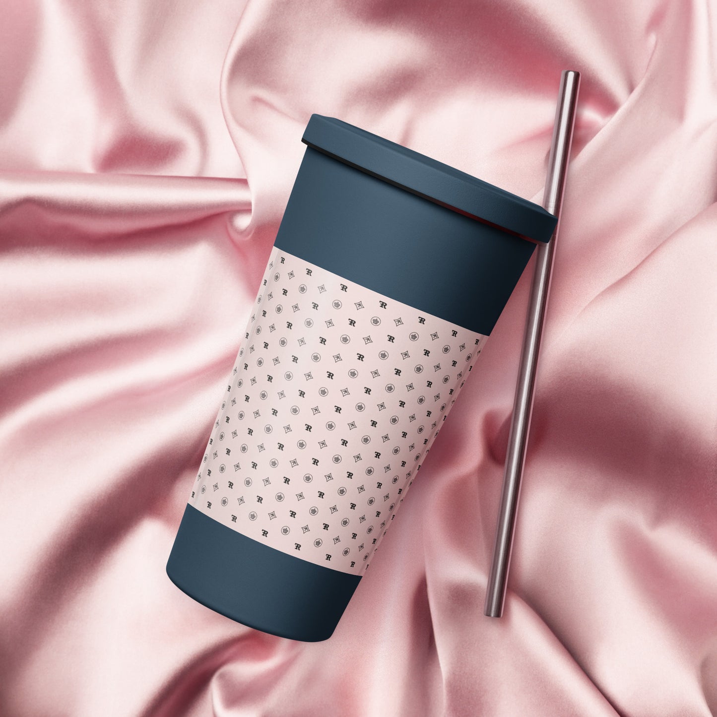 RF Insulated tumbler with a straw „CROWNS & BIRDS“ Misty Rose