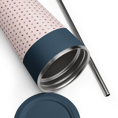 RF Insulated tumbler with a straw „CROWNS & BIRDS“ Misty Rose