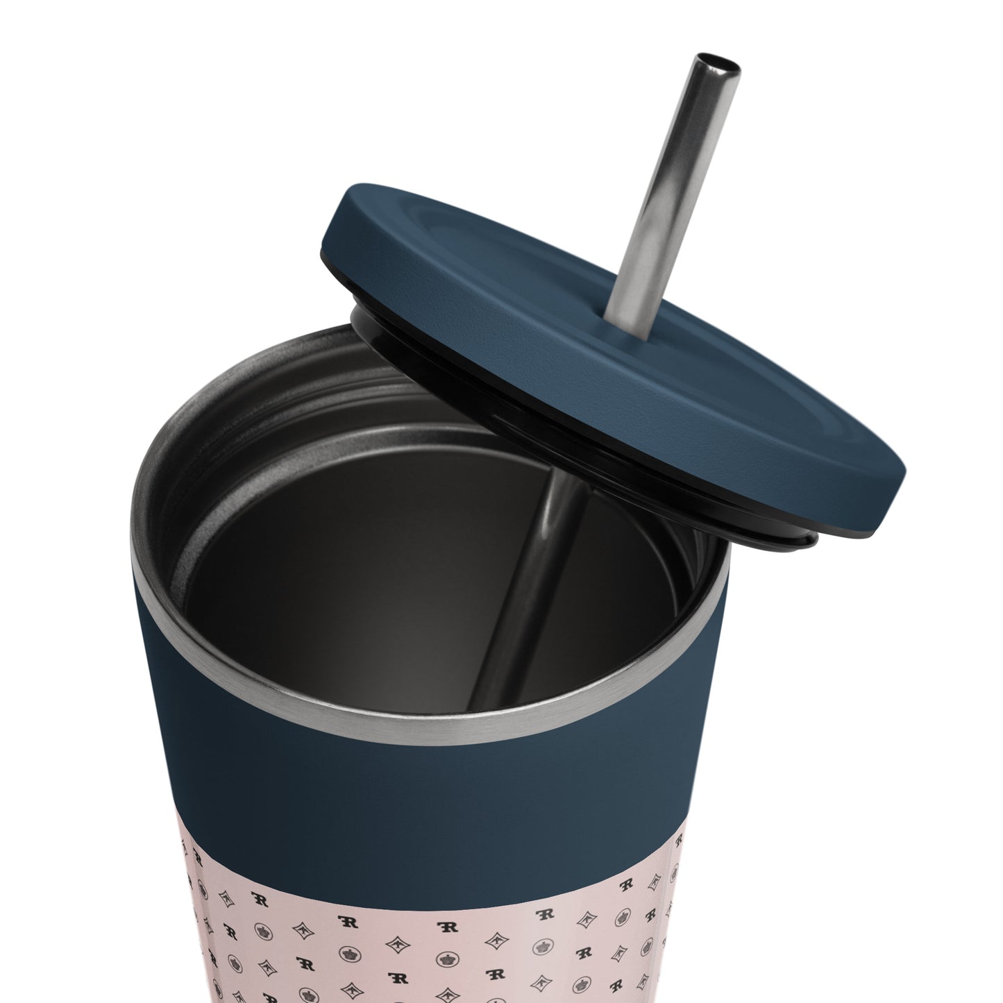 RF Insulated tumbler with a straw „CROWNS & BIRDS“ Misty Rose