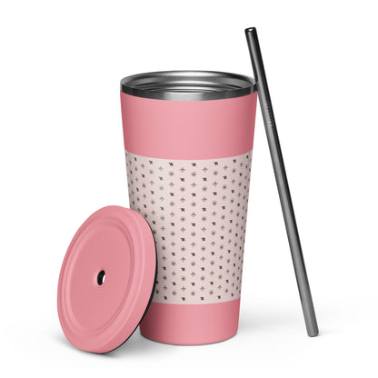 RF Insulated tumbler with a straw „CROWNS & BIRDS“ Misty Rose