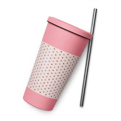 RF Insulated tumbler with a straw „CROWNS & BIRDS“ Misty Rose