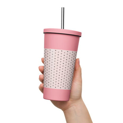 RF Insulated tumbler with a straw „CROWNS & BIRDS“ Misty Rose