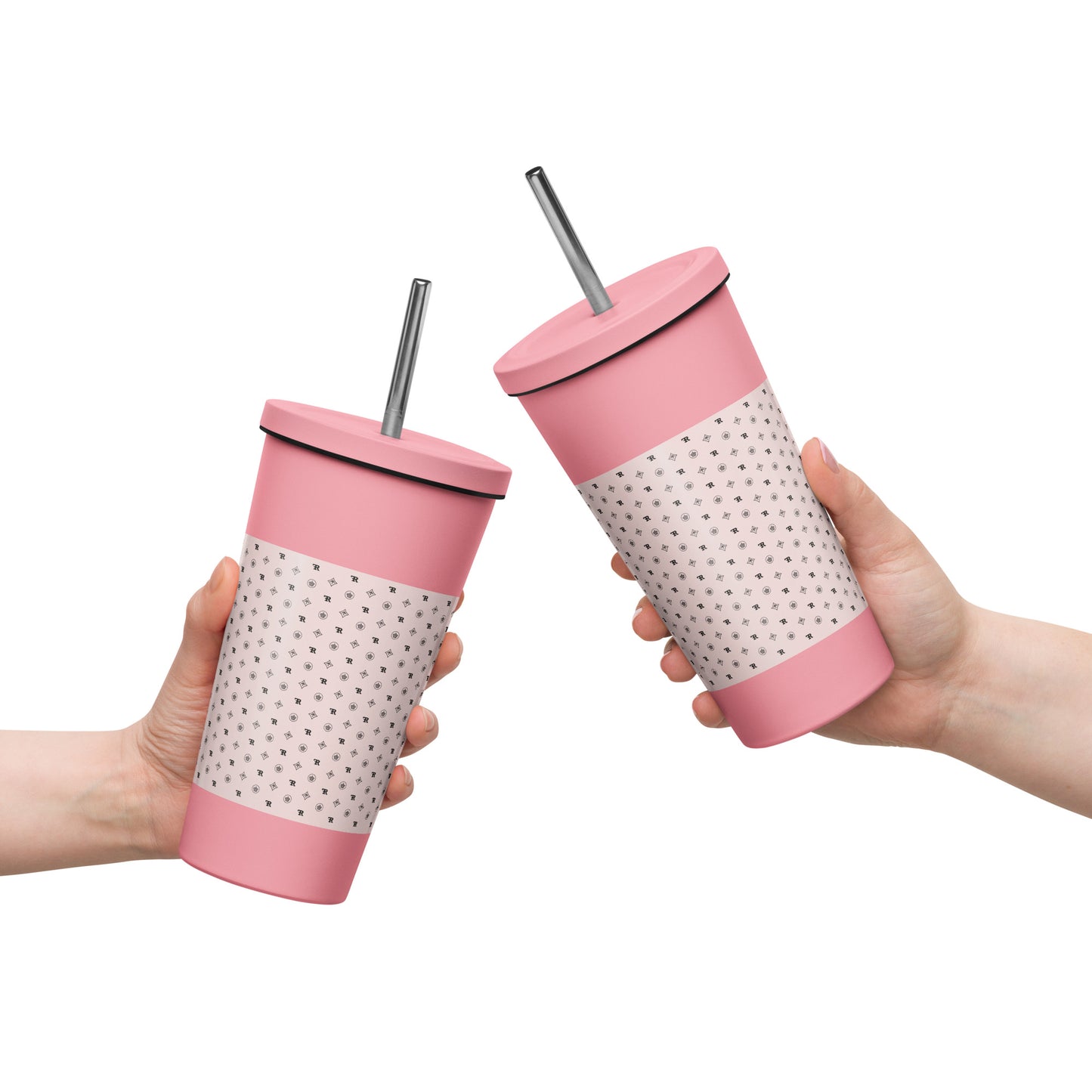 RF Insulated tumbler with a straw „CROWNS & BIRDS“ Misty Rose