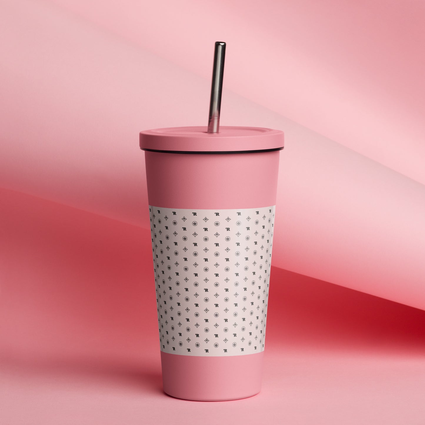 RF Insulated tumbler with a straw „CROWNS & BIRDS“ Misty Rose