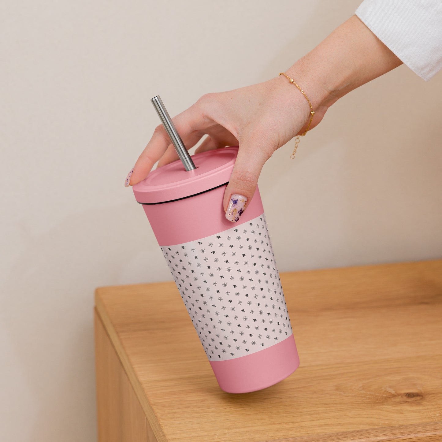 RF Insulated tumbler with a straw „CROWNS & BIRDS“ Misty Rose
