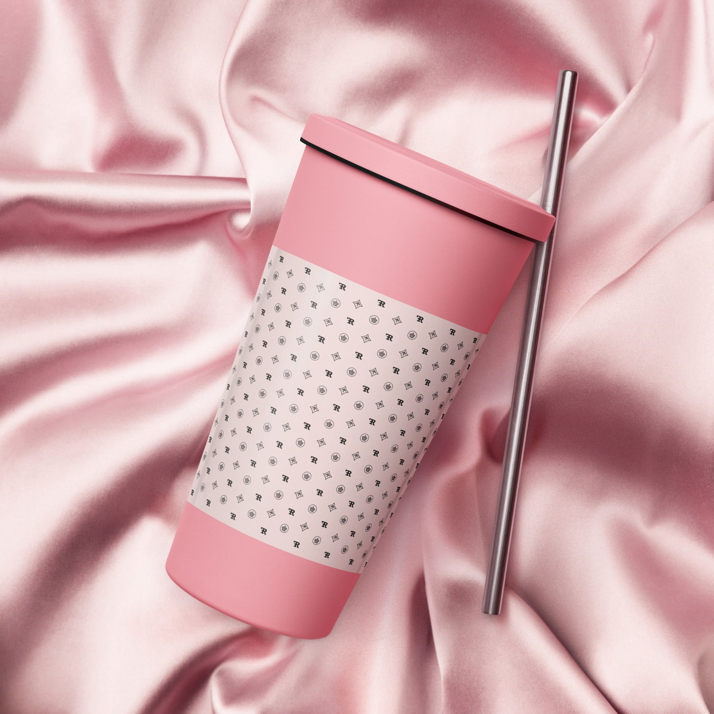 RF Insulated tumbler with a straw „CROWNS & BIRDS“ Misty Rose