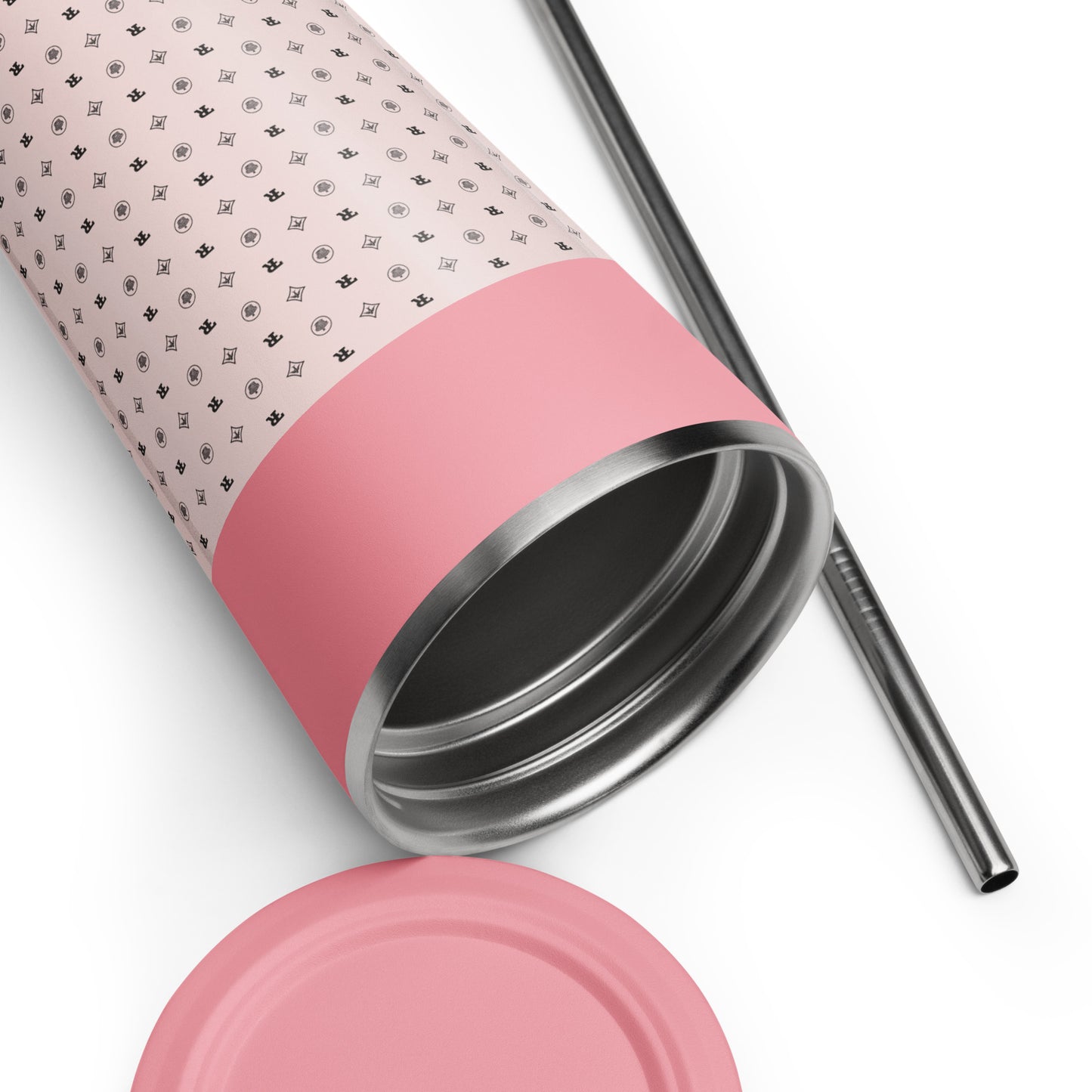 RF Insulated tumbler with a straw „CROWNS & BIRDS“ Misty Rose