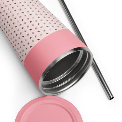 RF Insulated tumbler with a straw „CROWNS & BIRDS“ Misty Rose