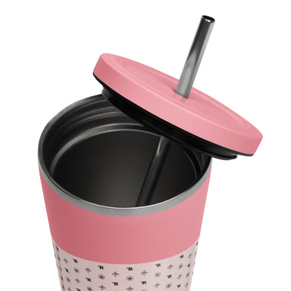 RF Insulated tumbler with a straw „CROWNS & BIRDS“ Misty Rose