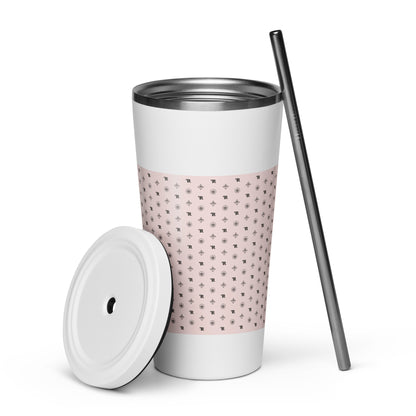 RF Insulated tumbler with a straw „CROWNS & BIRDS“ Misty Rose