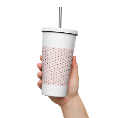 RF Insulated tumbler with a straw „CROWNS & BIRDS“ Misty Rose