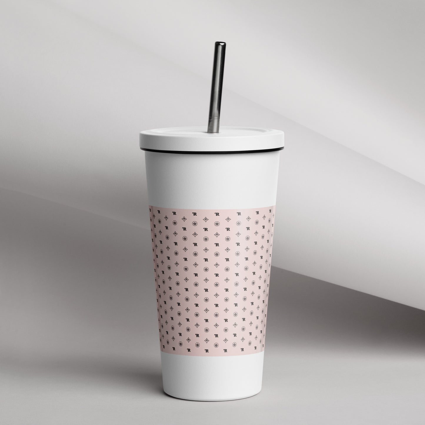 RF Insulated tumbler with a straw „CROWNS & BIRDS“ Misty Rose