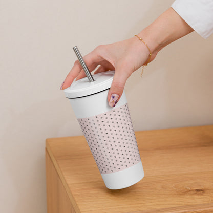 RF Insulated tumbler with a straw „CROWNS & BIRDS“ Misty Rose