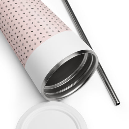 RF Insulated tumbler with a straw „CROWNS & BIRDS“ Misty Rose