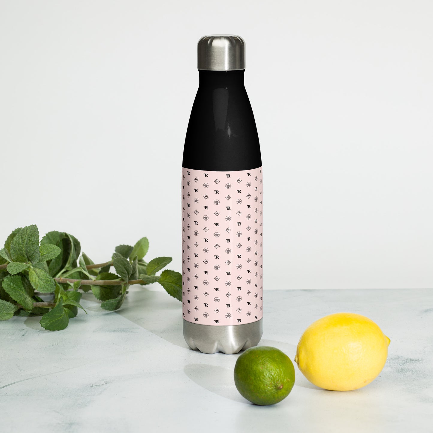 RF Stainless steel water bottle „CROWNS & BIRDS“ Misty Rose